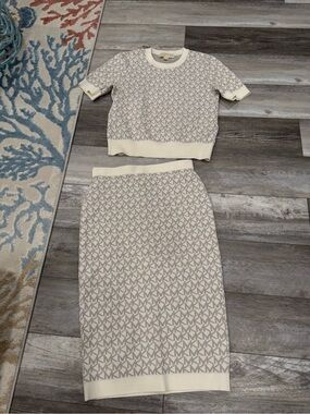 Michael Kors Cream and Taupe Logo Knit Top and Skirt Set sz Small